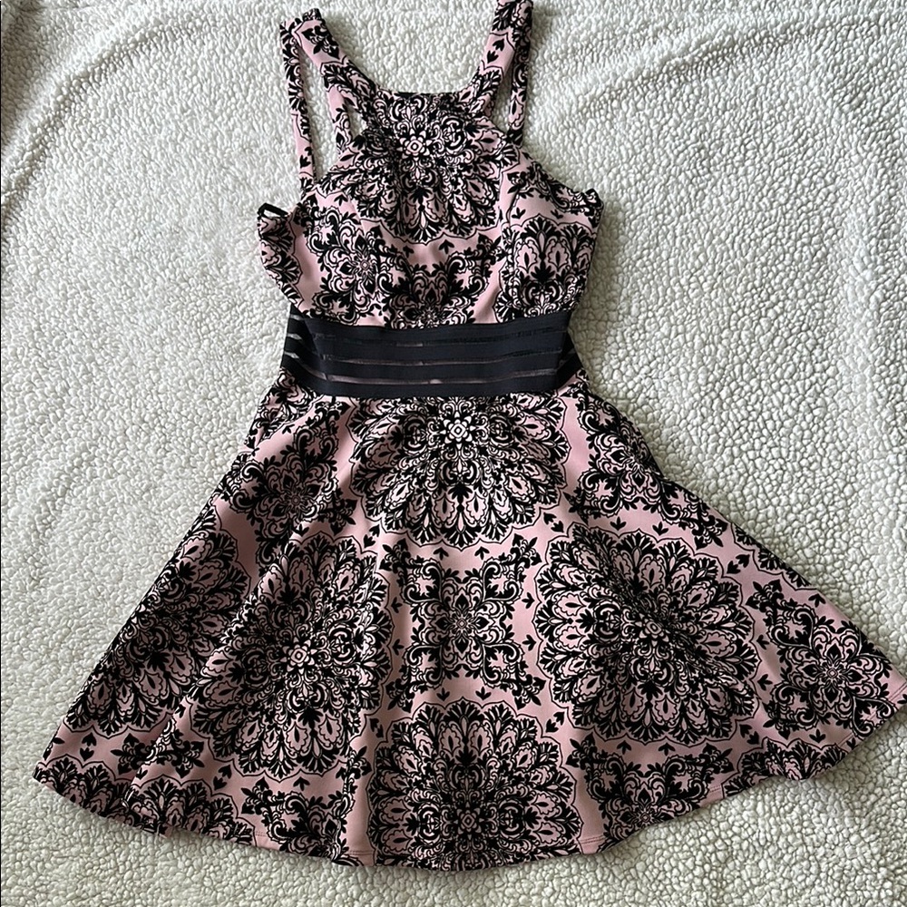 City Studios Juniors Illusion Flocked Fit and Flare Dress Size 3 Pink and Black